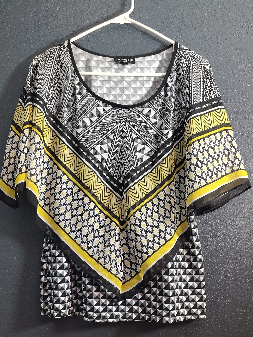 I.N. Studio geometric Poncho Overlay Handkerchief Blouse